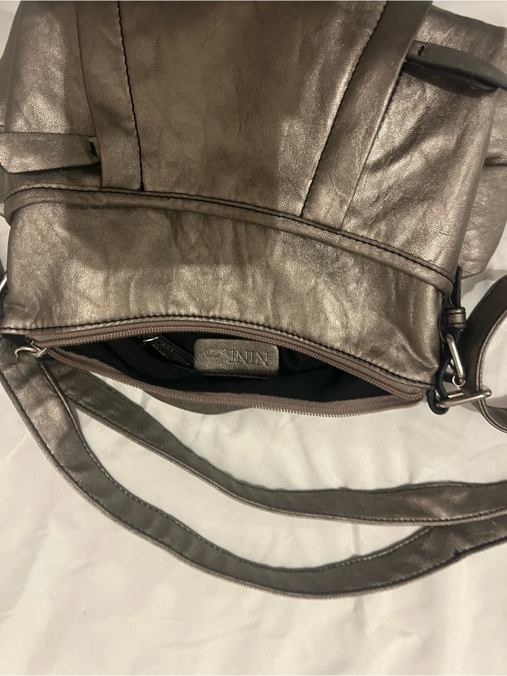 Metallic Taupe Shoulder Bag with Adjustable Strap